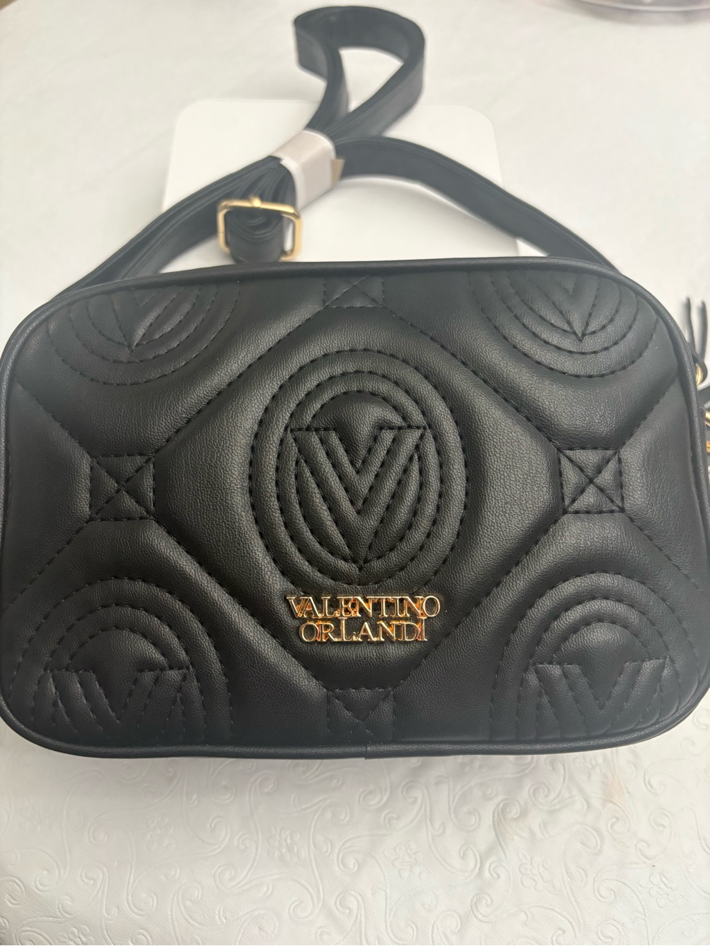 Valentino Orlandi Black Quilted Logo Crossbody With Gold Hardware